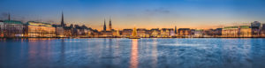 Germany, Skyline of Hamburg along Alster lake with Christmas decorations Germany, Skyline of Hamburg along Alster lake with Christmas decorations